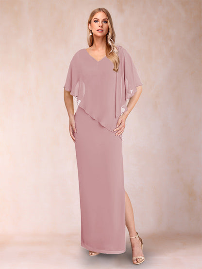 Robe de Mère de la Mariée Fourreau/Colonne En Mousseline de Soie à Col En V et Demi-Manches avec Fente Sur Le Côté