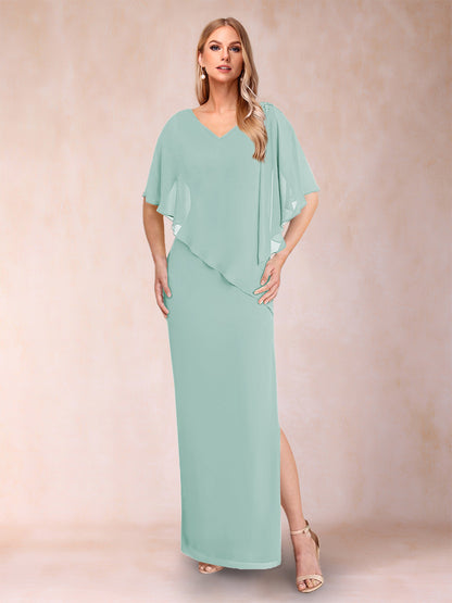Robe de Mère de la Mariée Fourreau/Colonne En Mousseline de Soie à Col En V et Demi-Manches avec Fente Sur Le Côté