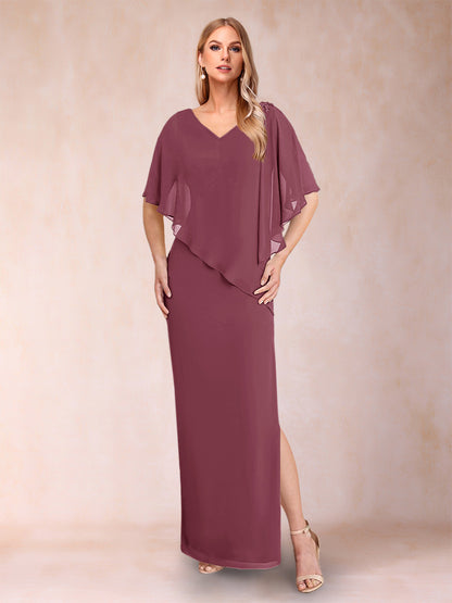 Robe de Mère de la Mariée Fourreau/Colonne En Mousseline de Soie à Col En V et Demi-Manches avec Fente Sur Le Côté