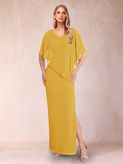 Robe de Mère de la Mariée Fourreau/Colonne En Mousseline de Soie à Col En V et Demi-Manches avec Fente Sur Le Côté