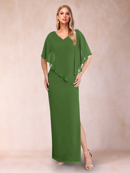 Robe de Mère de la Mariée Fourreau/Colonne En Mousseline de Soie à Col En V et Demi-Manches avec Fente Sur Le Côté