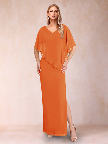 Robe de Mère de la Mariée Fourreau/Colonne En Mousseline de Soie à Col En V et Demi-Manches avec Fente Sur Le Côté