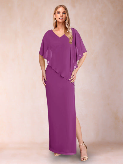 Robe de Mère de la Mariée Fourreau/Colonne En Mousseline de Soie à Col En V et Demi-Manches avec Fente Sur Le Côté