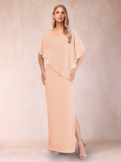 Robe de Mère de la Mariée Fourreau/Colonne En Mousseline de Soie à Col En V et Demi-Manches avec Fente Sur Le Côté