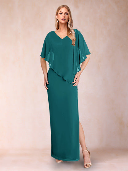Robe de Mère de la Mariée Fourreau/Colonne En Mousseline de Soie à Col En V et Demi-Manches avec Fente Sur Le Côté