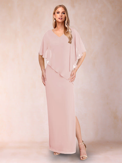 Robe de Mère de la Mariée Fourreau/Colonne En Mousseline de Soie à Col En V et Demi-Manches avec Fente Sur Le Côté