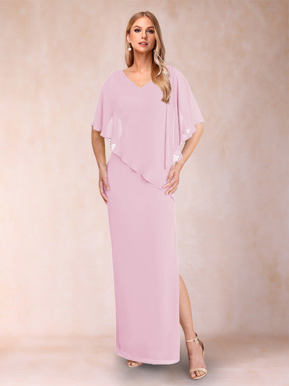 Robe de Mère de la Mariée Fourreau/Colonne En Mousseline de Soie à Col En V et Demi-Manches avec Fente Sur Le Côté