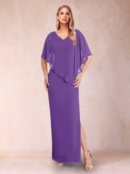 Robe de Mère de la Mariée Fourreau/Colonne En Mousseline de Soie à Col En V et Demi-Manches avec Fente Sur Le Côté