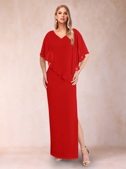 Robe de Mère de la Mariée Fourreau/Colonne En Mousseline de Soie à Col En V et Demi-Manches avec Fente Sur Le Côté