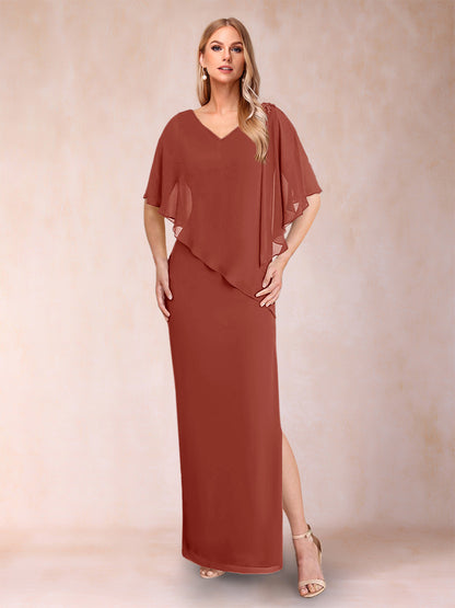 Robe de Mère de la Mariée Fourreau/Colonne En Mousseline de Soie à Col En V et Demi-Manches avec Fente Sur Le Côté