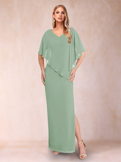 Robe de Mère de la Mariée Fourreau/Colonne En Mousseline de Soie à Col En V et Demi-Manches avec Fente Sur Le Côté