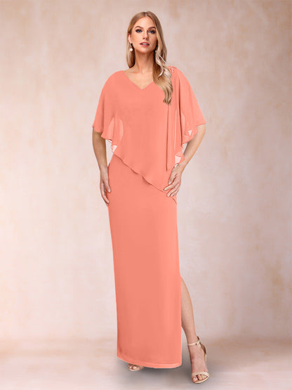 Robe de Mère de la Mariée Fourreau/Colonne En Mousseline de Soie à Col En V et Demi-Manches avec Fente Sur Le Côté
