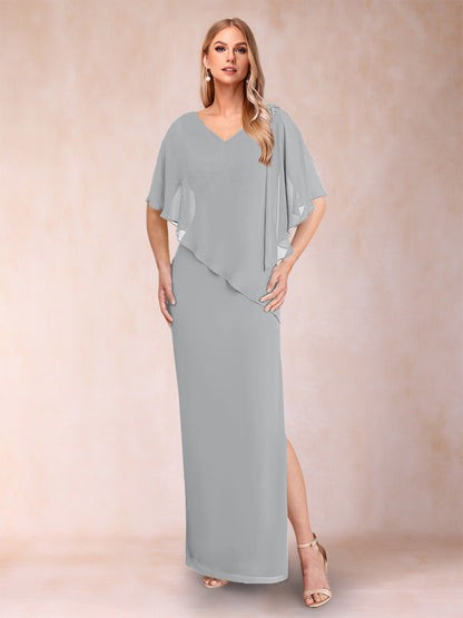 Robe de Mère de la Mariée Fourreau/Colonne En Mousseline de Soie à Col En V et Demi-Manches avec Fente Sur Le Côté