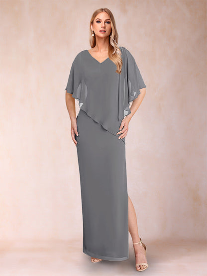Robe de Mère de la Mariée Fourreau/Colonne En Mousseline de Soie à Col En V et Demi-Manches avec Fente Sur Le Côté