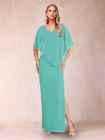 Robe de Mère de la Mariée Fourreau/Colonne En Mousseline de Soie à Col En V et Demi-Manches avec Fente Sur Le Côté