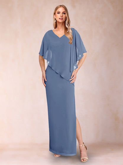 Robe de Mère de la Mariée Fourreau/Colonne En Mousseline de Soie à Col En V et Demi-Manches avec Fente Sur Le Côté