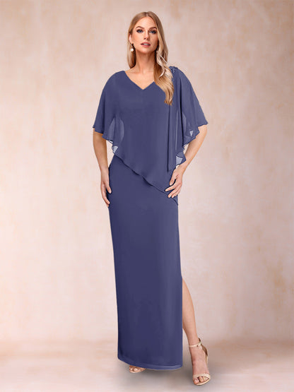Robe de Mère de la Mariée Fourreau/Colonne En Mousseline de Soie à Col En V et Demi-Manches avec Fente Sur Le Côté
