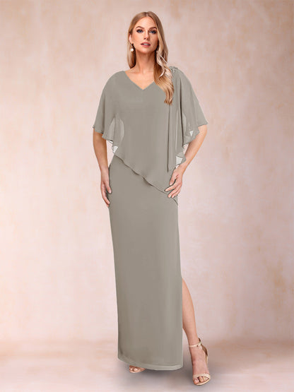 Robe de Mère de la Mariée Fourreau/Colonne En Mousseline de Soie à Col En V et Demi-Manches avec Fente Sur Le Côté