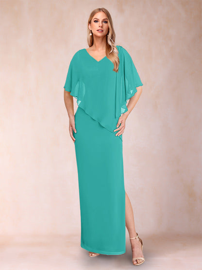 Robe de Mère de la Mariée Fourreau/Colonne En Mousseline de Soie à Col En V et Demi-Manches avec Fente Sur Le Côté