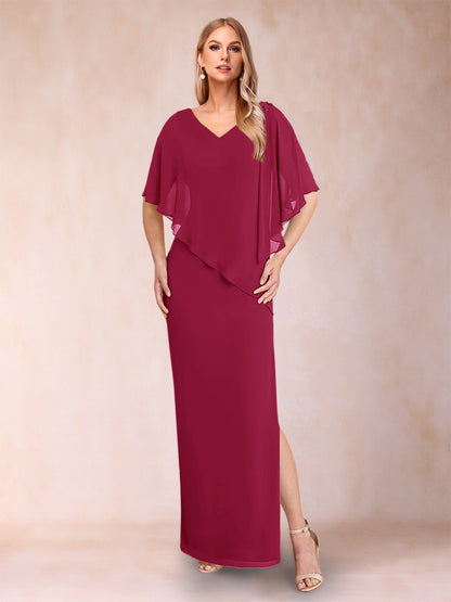 Robe de Mère de la Mariée Fourreau/Colonne En Mousseline de Soie à Col En V et Demi-Manches avec Fente Sur Le Côté