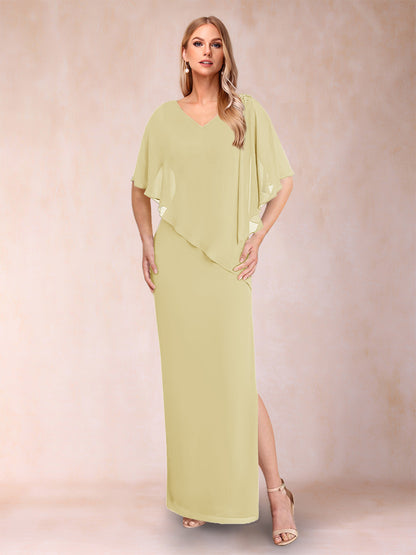 Robe de Mère de la Mariée Fourreau/Colonne En Mousseline de Soie à Col En V et Demi-Manches avec Fente Sur Le Côté
