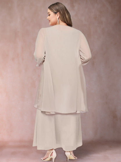 Robe de Mère de la Mariée Grande Taille, Coupe Trapèze/Princesse, Manches 3/4, 3 Pièces avec Volants et Veste
