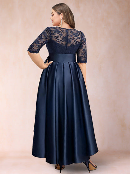 Robe de Mère de la Mariée Grande Taille, Coupe Trapèze/Princesse, Manches Mi-Longues, en Dentelle avec Appliques