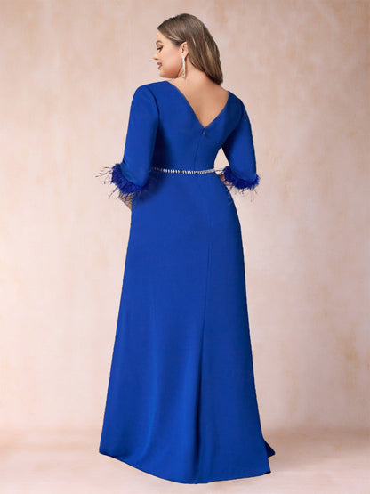 Robe de Mère de la Mariée Grande Taille, Coupe Trapèze/Princesse, Col en V, Manches Mi-Longues avec Ceinture