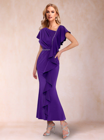 Robes de Mère de la Mariée Trompette/Sirène à Col En V et Manches Courtes avec Volants