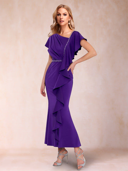Robes de Mère de la Mariée Trompette/Sirène à Col En V et Manches Courtes avec Volants