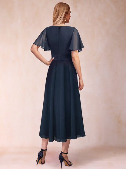 Robe de Mère de la Mariée En Mousseline de Soie à Col En V et Manches Courtes avec Volants