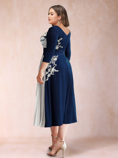 Robe de Mère de la Mariée Grande Taille, Coupe A-Line/Princesse, Manches 3/4 avec Appliques