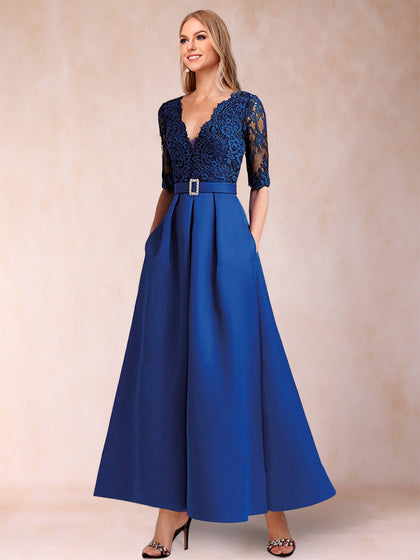 Robe de Mère de la Mariée Coupe A-Line/Princess à Demi-Manches et Col En V avec Appliques