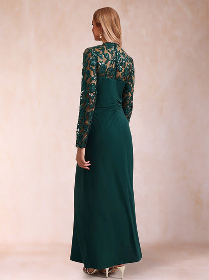 Robe de Mère de la Mariée Fourreau/Colonne à Col En V et Manches Longues avec Appliques