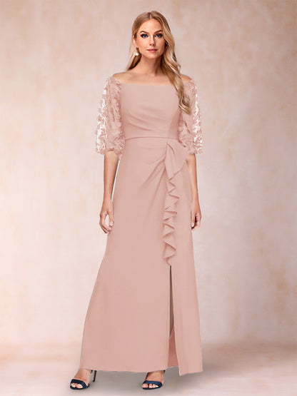 Robe de Mère de la Mariée Fourreau/Colonne à Épaules Dénudées et Manches Mi-Longues avec Appliques