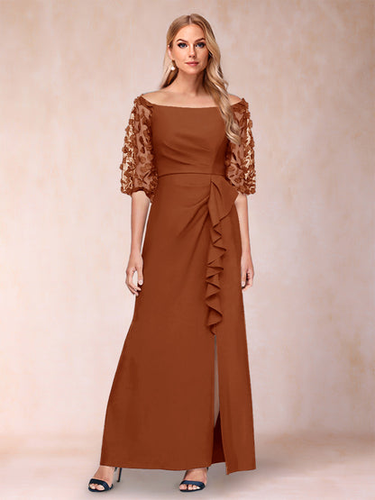 Robe de Mère de la Mariée Fourreau/Colonne à Épaules Dénudées et Manches Mi-Longues avec Appliques