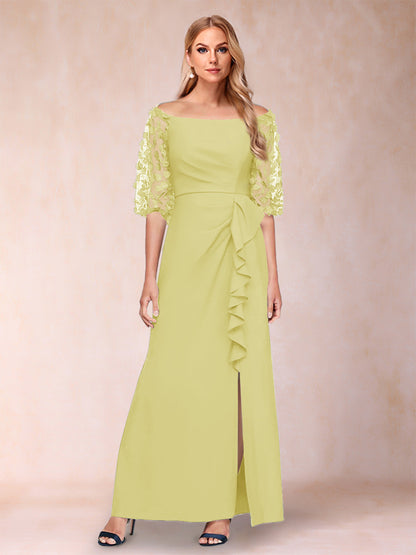 Robe de Mère de la Mariée Fourreau/Colonne à Épaules Dénudées et Manches Mi-Longues avec Appliques
