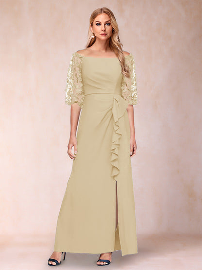 Robe de Mère de la Mariée Fourreau/Colonne à Épaules Dénudées et Manches Mi-Longues avec Appliques