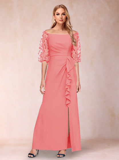 Robe de Mère de la Mariée Fourreau/Colonne à Épaules Dénudées et Manches Mi-Longues avec Appliques