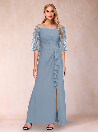 Robe de Mère de la Mariée Fourreau/Colonne à Épaules Dénudées et Manches Mi-Longues avec Appliques