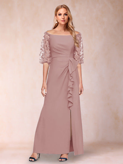 Robe de Mère de la Mariée Fourreau/Colonne à Épaules Dénudées et Manches Mi-Longues avec Appliques