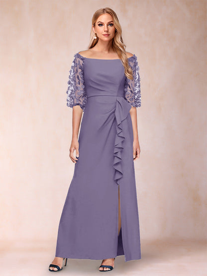 Robe de Mère de la Mariée Fourreau/Colonne à Épaules Dénudées et Manches Mi-Longues avec Appliques