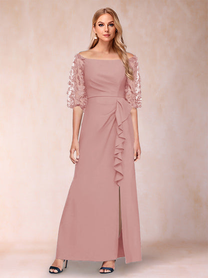 Robe de Mère de la Mariée Fourreau/Colonne à Épaules Dénudées et Manches Mi-Longues avec Appliques