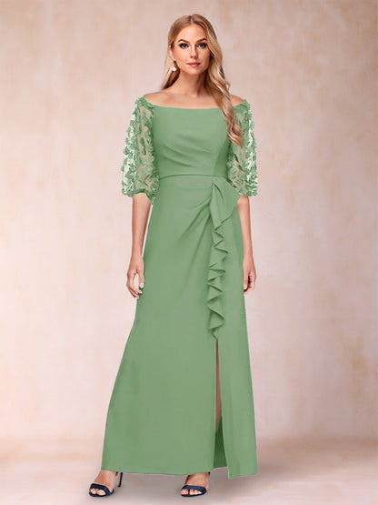 Robe de Mère de la Mariée Fourreau/Colonne à Épaules Dénudées et Manches Mi-Longues avec Appliques