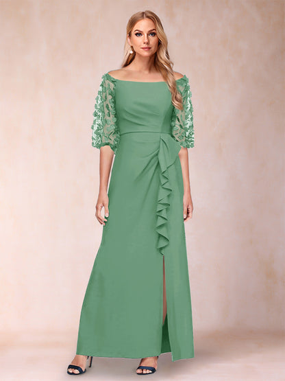 Robe de Mère de la Mariée Fourreau/Colonne à Épaules Dénudées et Manches Mi-Longues avec Appliques