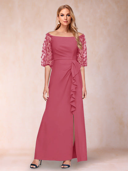 Robe de Mère de la Mariée Fourreau/Colonne à Épaules Dénudées et Manches Mi-Longues avec Appliques