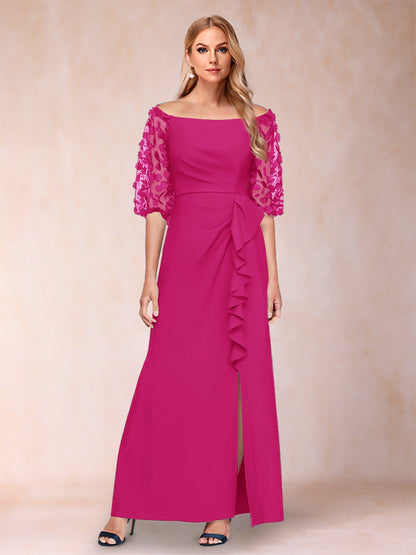 Robe de Mère de la Mariée Fourreau/Colonne à Épaules Dénudées et Manches Mi-Longues avec Appliques