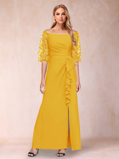 Robe de Mère de la Mariée Fourreau/Colonne à Épaules Dénudées et Manches Mi-Longues avec Appliques