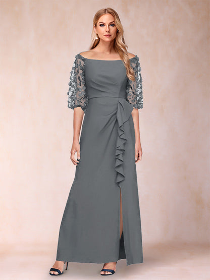 Robe de Mère de la Mariée Fourreau/Colonne à Épaules Dénudées et Manches Mi-Longues avec Appliques