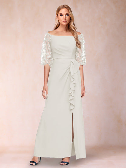 Robe de Mère de la Mariée Fourreau/Colonne à Épaules Dénudées et Manches Mi-Longues avec Appliques